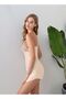 Women's Beige Cross-Stripe Low-Cut Satin Nightgown with Lace Detail - 2