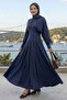 Bat Sleeve Belted Navy Blue Dress - 2