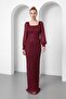 Women's Burgundy Square Neck Long Sleeve Beaded Evening Dress