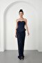 Women's Navy Blue Slim Fit Strapless Neck Sequined Long Evening Dress