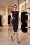 Women's Black Short Sleeve Midi Dress with Gold Accessory Detail - 5