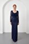 Women's Navy Blue Long Sleeve Beaded Evening Dress