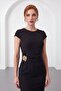 Women's Black Short Sleeve Midi Dress with Gold Accessory Detail - 2