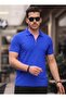 David Men's Zippered Polo Collar Cotton Fabric Cobalt Blue Short Sleeve T-Shirt - 2