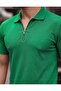 David Men's Zippered Polo Collar Cotton Fabric Green Short Sleeve T-Shirt - 3