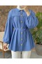 Women's Belted Gold Button Detailed Gathered Long Sleeve Relaxed Fit Hijab Shirt