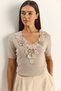 Women's Stone Flower Appliqué V-Neck Knitwear Blouse Tk261039 60286167 - 2