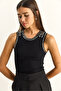 Women's Black Stone Embroidered Crew Neck Thick Strap Ribbed Blouse Öa261006 60286171