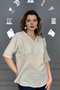 Women's Stone Color Washed Organic Cotton Linen Fabric Shoulder and Pocket Mesh Detailed Elbow Sleeve Tunic Shirt - 2