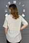 Women's Stone Color Washed Organic Cotton Linen Fabric Shoulder and Pocket Mesh Detailed Elbow Sleeve Tunic Shirt - 3