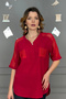 Women's red washed organic cotton linen fabric tunic shirt with mesh shoulder and pocket detail, elbow sleeve. - 2