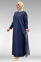 42003 Plus Size Sandy-Chiffon Dress with Stone Detail - Navy Blue - 4