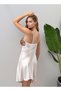 Women's Vanilla V-Neck Thin Strap Contrast Lace Satin Nightgown - 7