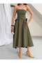 Women's Button and Belt Detailed Cotton Trench Strapless Dress - 7