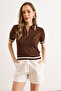 Women's Brown Polo Collar Zippered Openwork Crop Knitwear Blouse Blz-19003320 - 3