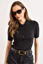 Women's Black Polo Collar Buttoned Corded Fabric Soft Blouse Blz-19003319 - 4