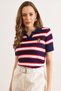 Women's Navy Blue Polo Collar Teddy Bear Embroidered Seasonal Knitwear Blouse Blz-19003283 - 4