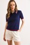 Women's Navy Blue Polo Collar Hair Knit Line Detailed Thin Knitwear Blouse Blz-19003324 - 3