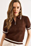 Women's Brown Polo Collar Zippered Openwork Crop Knitwear Blouse Blz-19003320