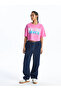Xside Pink Crew Neck Printed Short Sleeve Oversize Women's Crop - 3