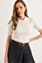 Women's Ecru Polo Collar Buttoned Corded Fabric Soft Blouse Blz-19003319