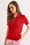 Women's Red Polo Collar Sleeve and Hem Wavy Cotton Knitwear Blouse Blz-19003285 - 4