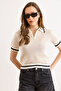 Women's Ecru Polo Collar Zippered Openwork Crop Knitwear Blouse Blz-19003320 - 5
