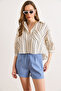 Women's Beige Navy Blue Single Pocket Striped Front Short Back Long Crop Shirt Gml-19001377 - 2