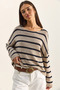 Women's Beige Navy Blue Striped Boat Neck Off Shoulder Relaxed Cut Slim Knitwear Sweater Tk261043 60286173 - 4
