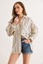 Women's Beige Navy Blue Double Pocket Striped Boyfriend Shirt Gml-19001378 - 3