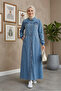 Women's Buttoned Pocketed Ribbed Detailed Denim Blue Long Cap - 5