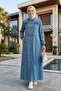 Women's Buttoned Pocketed Ribbed Detailed Denim Blue Long Cap - 2