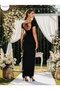 Women's Short Sleeve Square Collar Glitter Detailed Back Tie Slit Long Crepe Evening Dress - 2