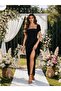 Women's Short Sleeve Square Collar Glitter Detailed Back Tie Slit Long Crepe Evening Dress - 5