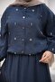 Navy Blue Jacket and Skirt Set with Elastic Sleeves and Waist and Stone Detailing - 4