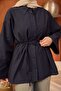 Navy Blue Buttoned Wide Sleeve Tunic with Waist Tie - 4