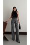 Women's Black Herringbone Patterned Wide Leg Palazzo Trousers with Pockets and Belt - 6