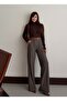 Women's Brown Herringbone Patterned Wide Leg Palazzo Trousers with Pockets and Belt - 2