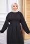 Black Pens Stitched Waist Elastic Modal Woven Dress - 3