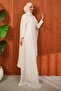 Ecru Pearl Cape Front Gathered Evening Dress - 4