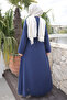 Navy Blue Front Skirt Pleated Waist-Tied Modal Woven Dress - 2