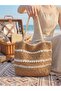 Women's Beige Straw Pearl Knitted Handmade Beach and Shoulder Bag-Unlined - 3
