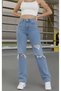 Yona Lycra Women's Medium Blue Ripped Super High Waist Loose Leg Denim Jeans Palazzo - 6