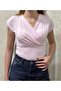 Women's Double Breasted Collar Draped Short Sleeve V-Neck Stretch Fabric Casual Stylish Blouse 202 - 4