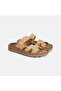 Women's Beige Printed Velcro Wedge Heeled Leather Slippers