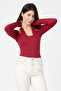Burgundy Lace Tied Lycra Long Sleeve Women's Blouse - 4