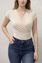 Women's Double Breasted Collar Draped Short Sleeve V-Neck Stretch Fabric Casual Stylish Blouse 202