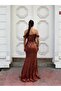 Women's Orange Rope Strap Off-Shoulder V-Neck Tulle Detailed Fully Sequined Fishnet Long Evening Dress - 5