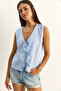 Women's White Blue 100% Cotton Thick Strap Striped Peplum Blouse with Front Tie Detail 60282045