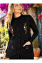 Women's Black Daily Floral Embroidered Buttoned Pocketed Mother Vest